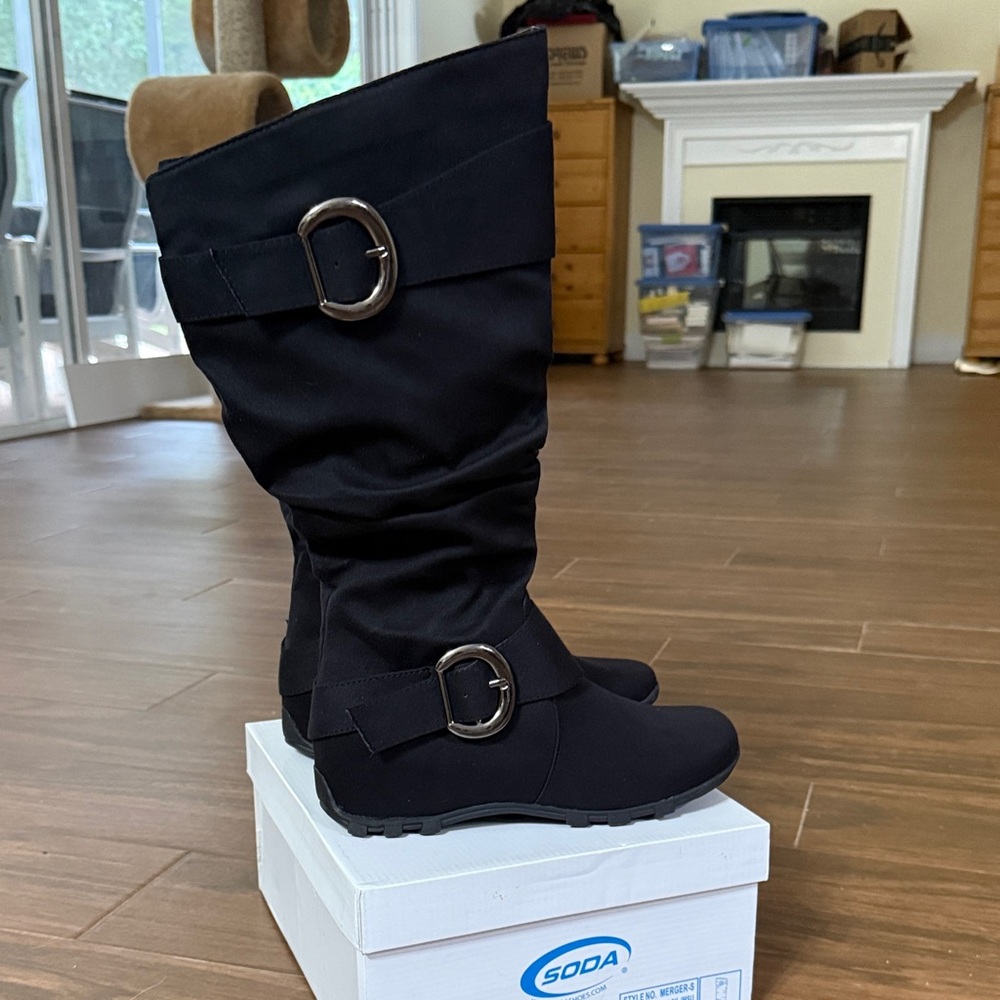 Soda Black Mid-Calf Buckle Heeled Boots black 8